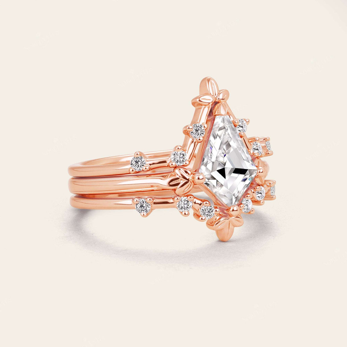 Half Rose Cut Kite Moissanite Art Deco Engagement Ring Sets 3pcs-Nobel Yates