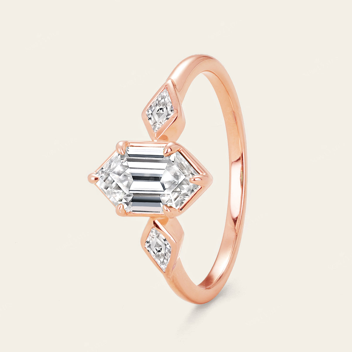 Hexagon & Kite Cut Moissanite Three Stone Art Deco Engagement Ring-Nobel Yates