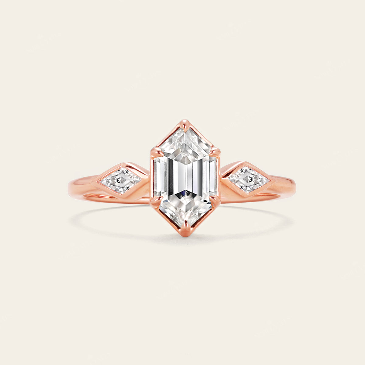Hexagon & Kite Cut Moissanite Three Stone Art Deco Engagement Ring-Nobel Yates