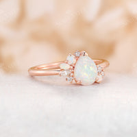 White Opal Vintage Pear Cluster Engagement Ring Rose Gold