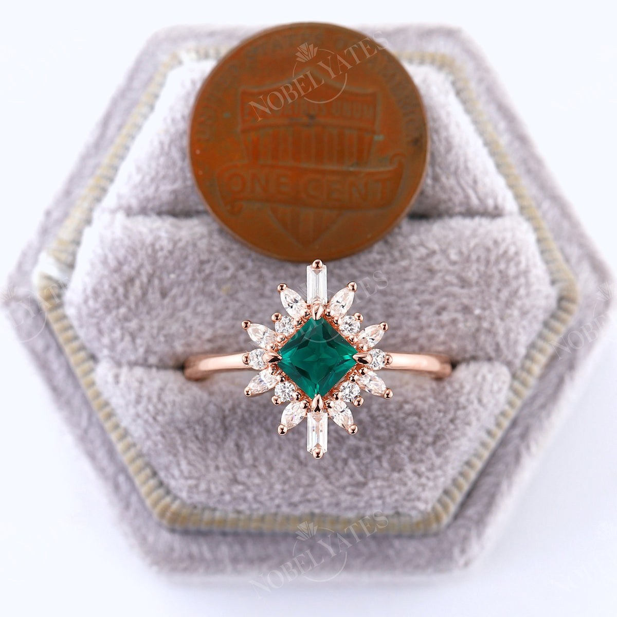 Princess Lab Emerald Art Deco Engagement Ring Prong Halo