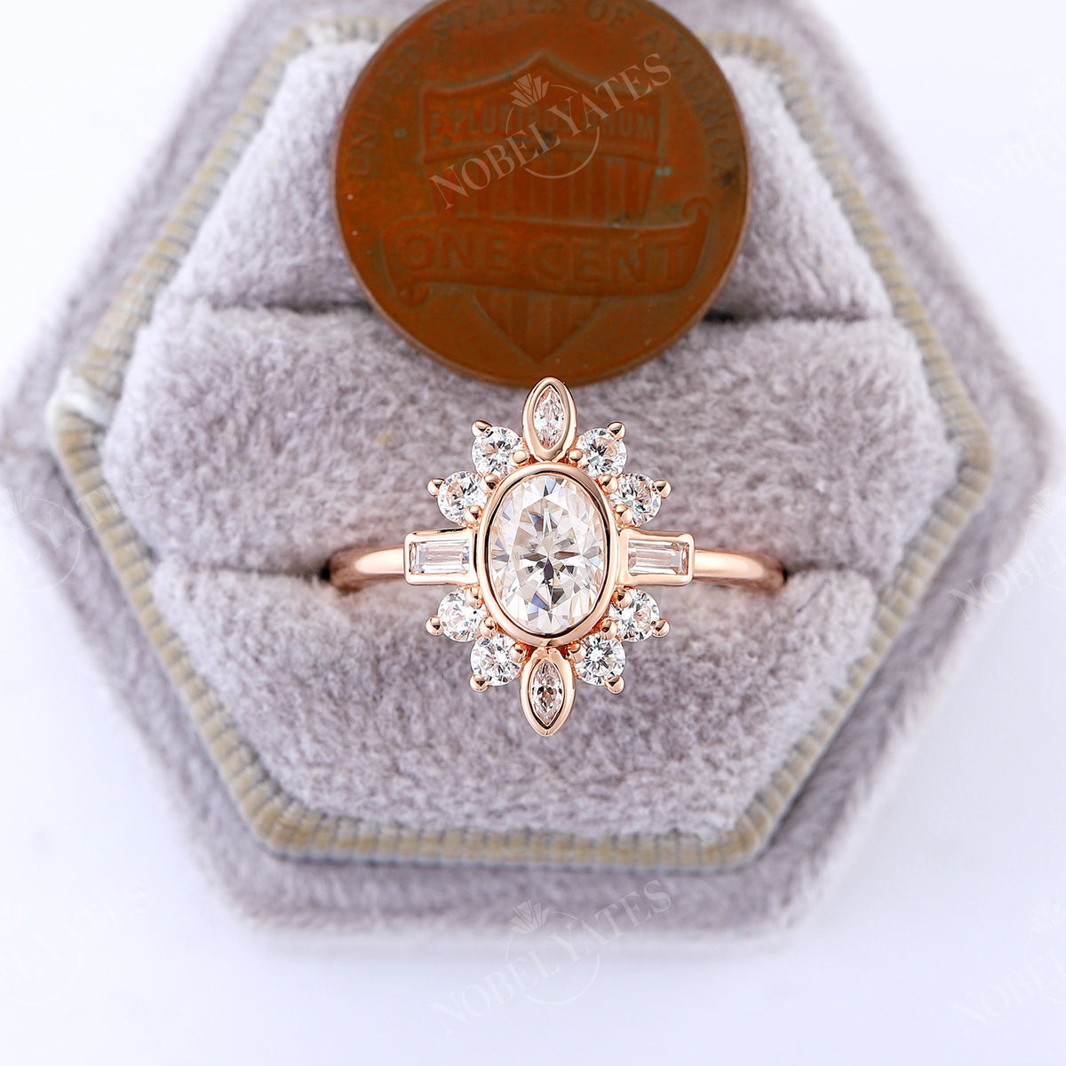 Bezel Oval Moissanite Unique Halo Engagement Ring Rose Gold