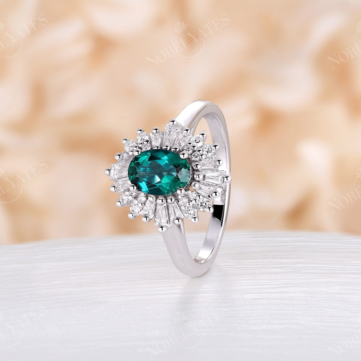 Art deco Oval Lab Emerald Halo Engagement Ring White Gold