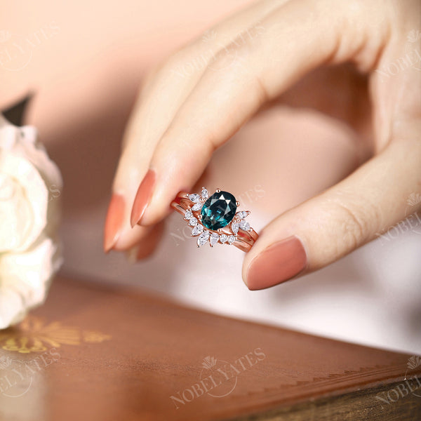 Teal Sapphire Engagement Ring Set Marquise Moissanite Rose Gold
