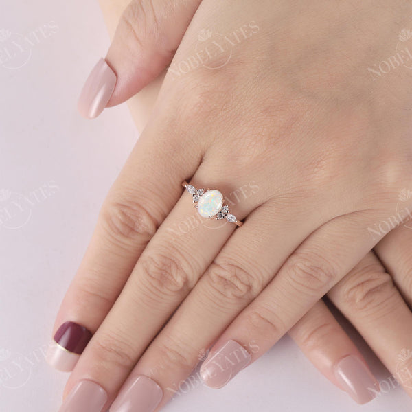 Oval White Opal Side Stone Engagement Ring Rose Gold