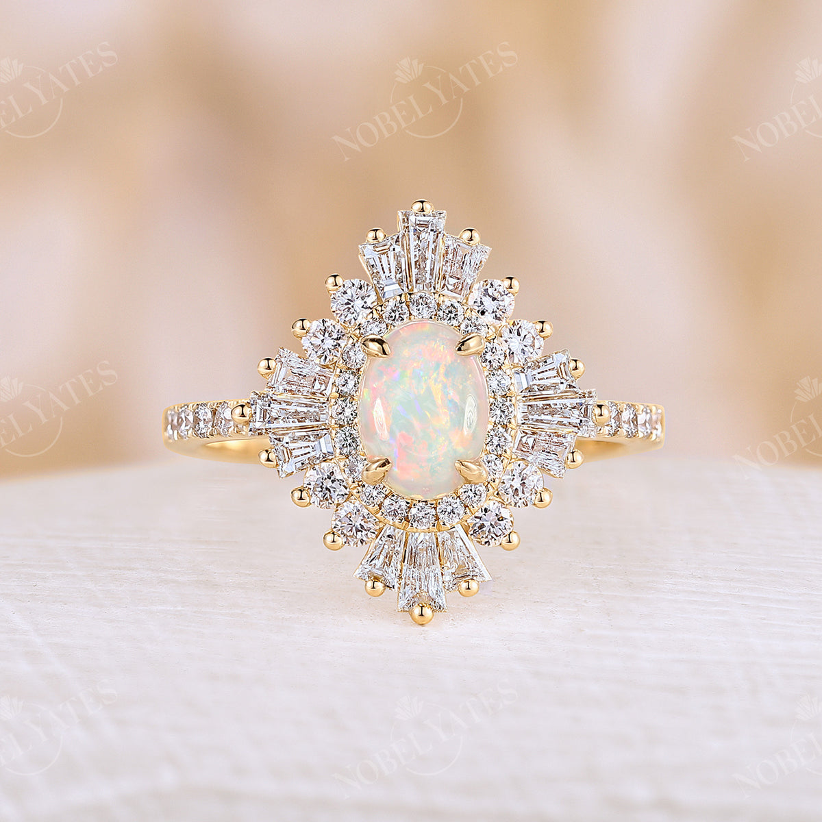 Art deco Oval White Opal Halo Pave Engagement Ring Rose Gold