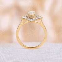 Art deco Oval White Opal Halo Pave Engagement Ring Rose Gold
