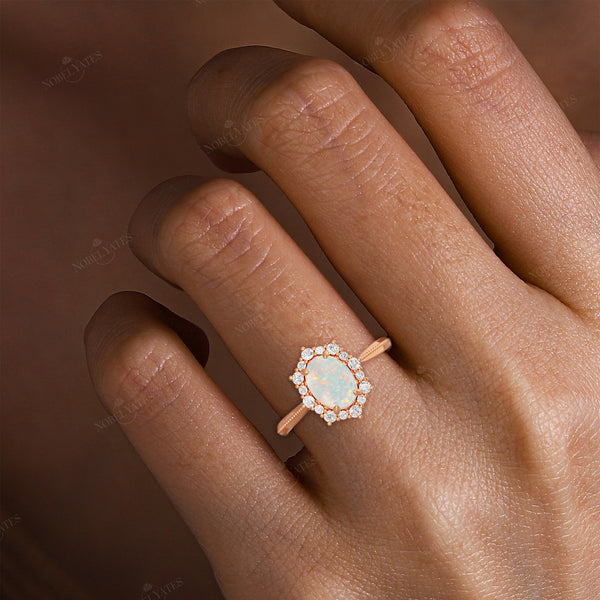 Oval White Opal Lab Diamond Halo Engagement Ring
