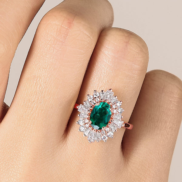 Art deco Green Oval Lab Emerald Halo Engagement Ring