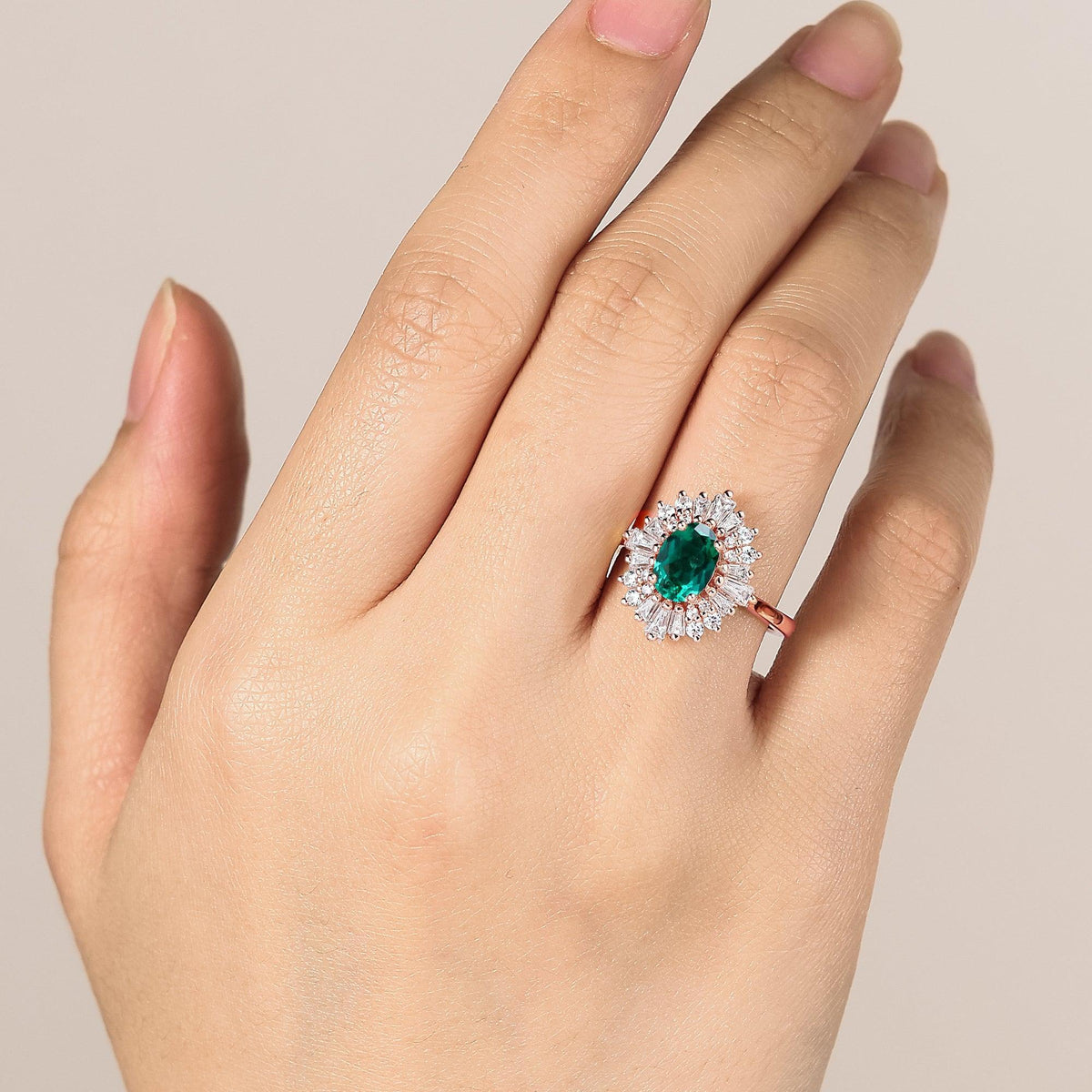 Art deco Green Oval Lab Emerald Halo Engagement Ring