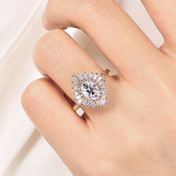 Art Deco Oval Moissanite Starburst Halo Engagement Ring