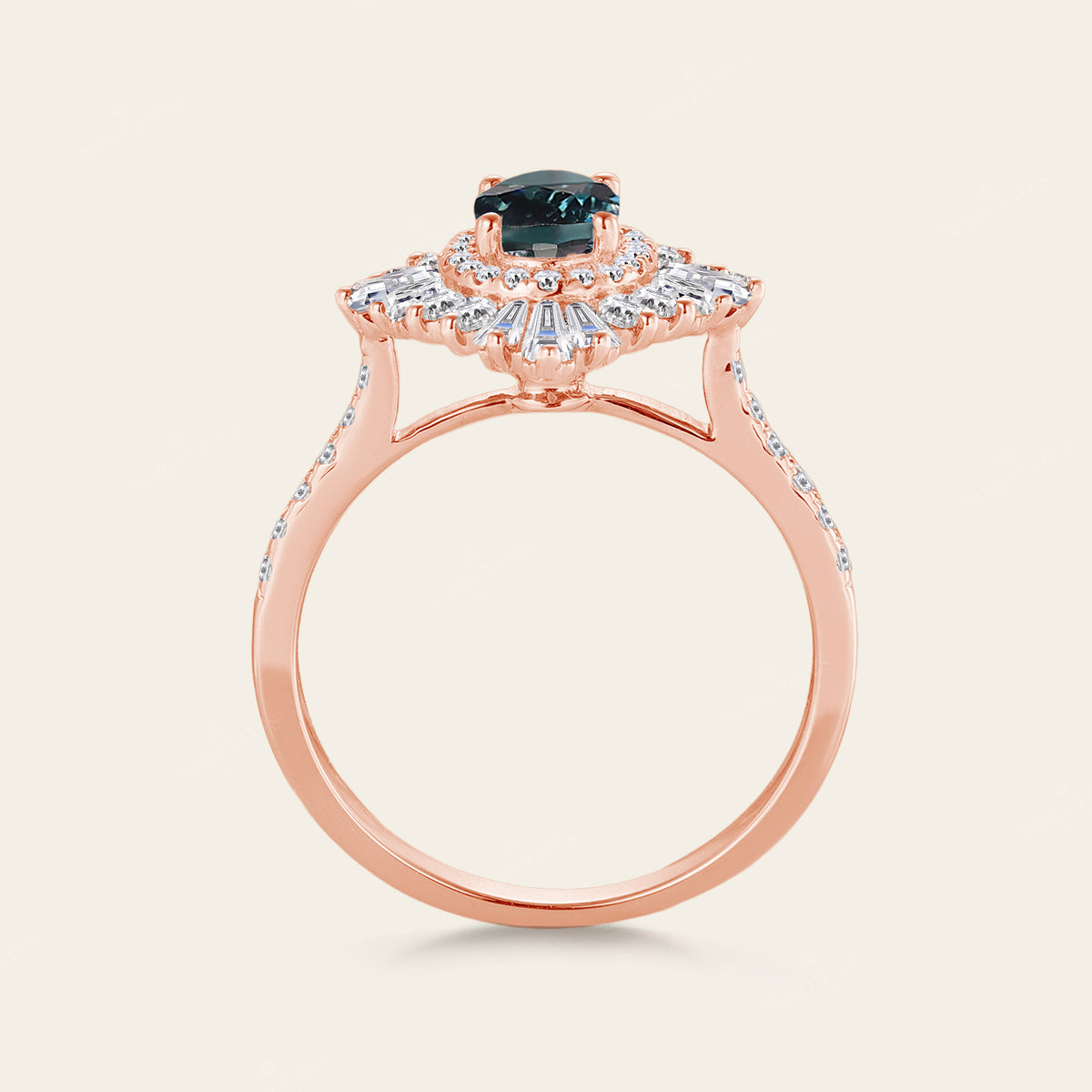 Oval Teal Sapphire Uniuqe Art Deco Baguette Halo Engagement Ring Pave Band