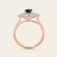 Oval Teal Sapphire Uniuqe Art Deco Baguette Halo Engagement Ring Pave Band