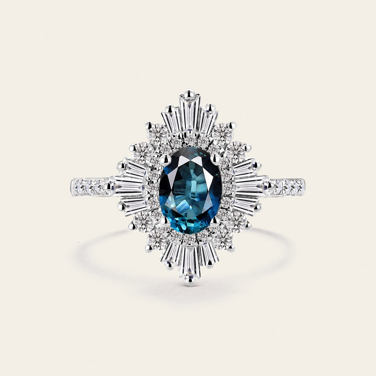 Oval Teal Sapphire Uniuqe Art Deco Baguette Halo Engagement Ring Pave Band