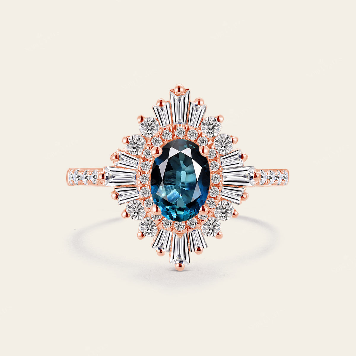 Oval Teal Sapphire Uniuqe Art Deco Baguette Halo Engagement Ring Pave Band