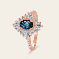 Oval Teal Sapphire Uniuqe Art Deco Baguette Halo Engagement Ring Pave Band