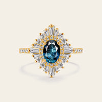 Oval Teal Sapphire Uniuqe Art Deco Baguette Halo Engagement Ring Pave Band