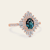 Oval Teal Sapphire Uniuqe Art Deco Baguette Halo Engagement Ring Pave Band