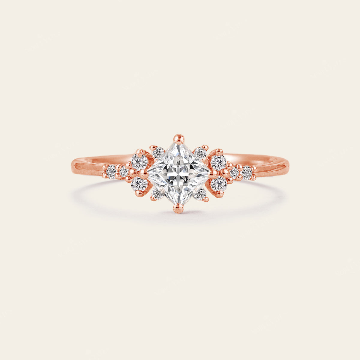 Princess cut Moissanite Cluster Diamond Engagement Ring Rose Gold