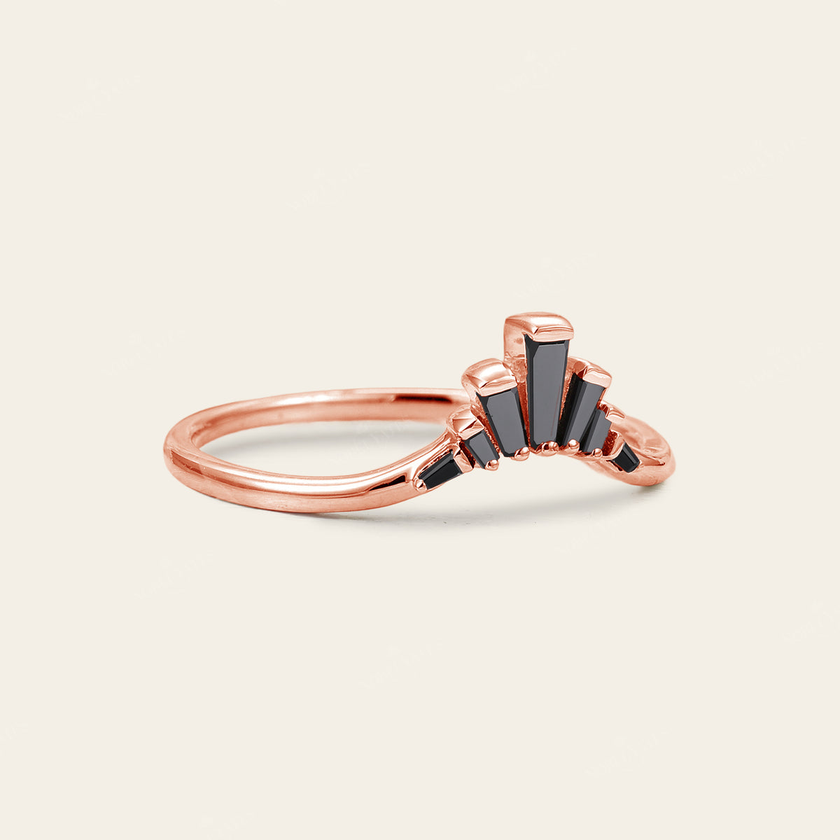 Art Deco Baguette Black Onyx Curved Wedding Band Rose Gold