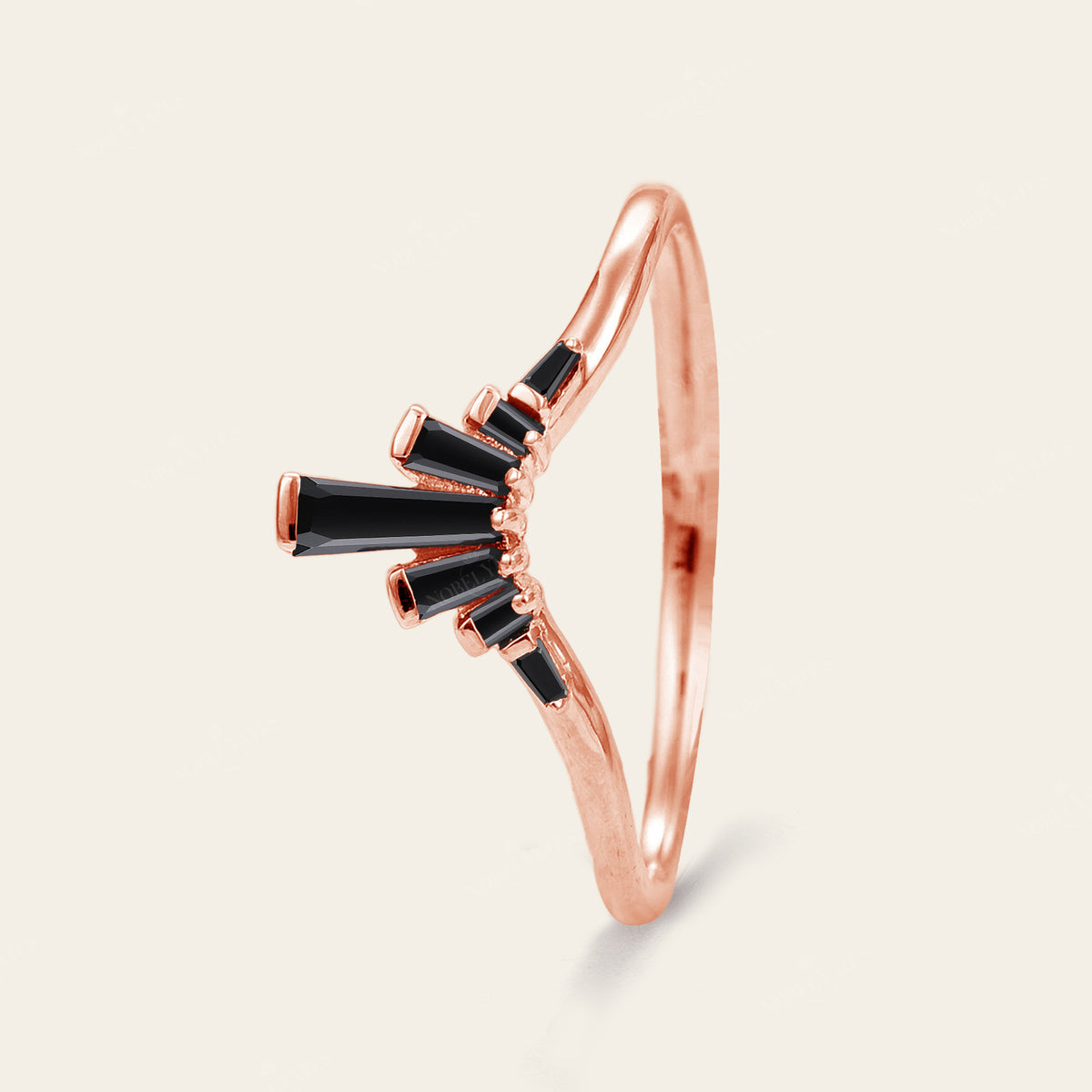 Art Deco Baguette Black Onyx Curved Wedding Band Rose Gold