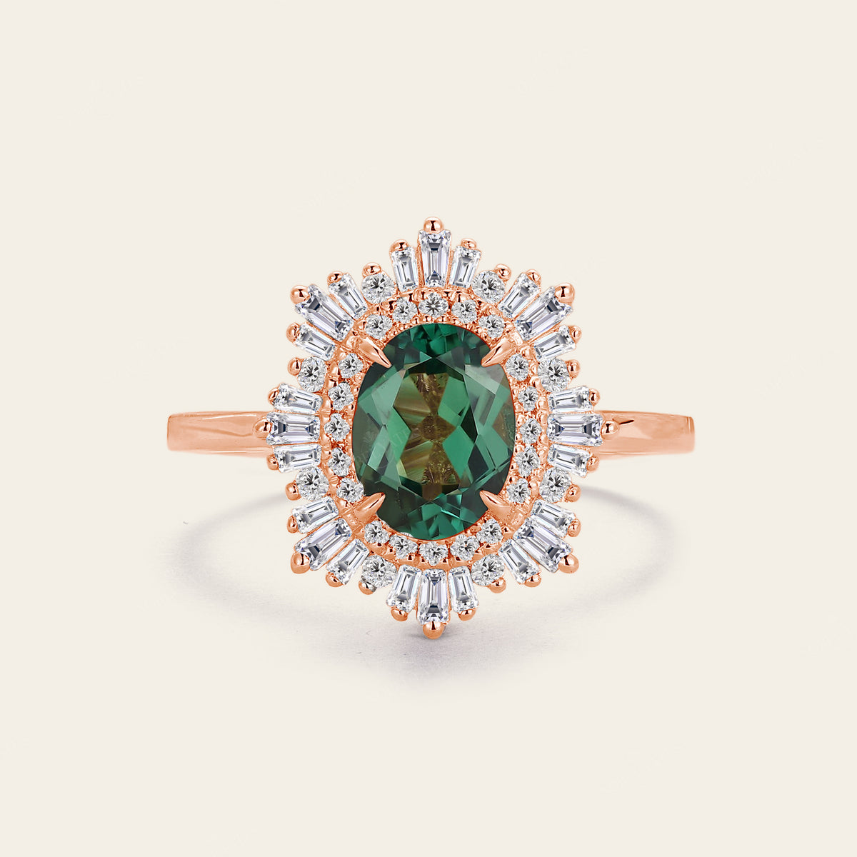 Art deco Oval Lab Green Sapphire Halo Starburst Engagement Ring Rose Gold