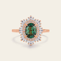Art deco Oval Lab Green Sapphire Halo Starburst Engagement Ring Rose Gold