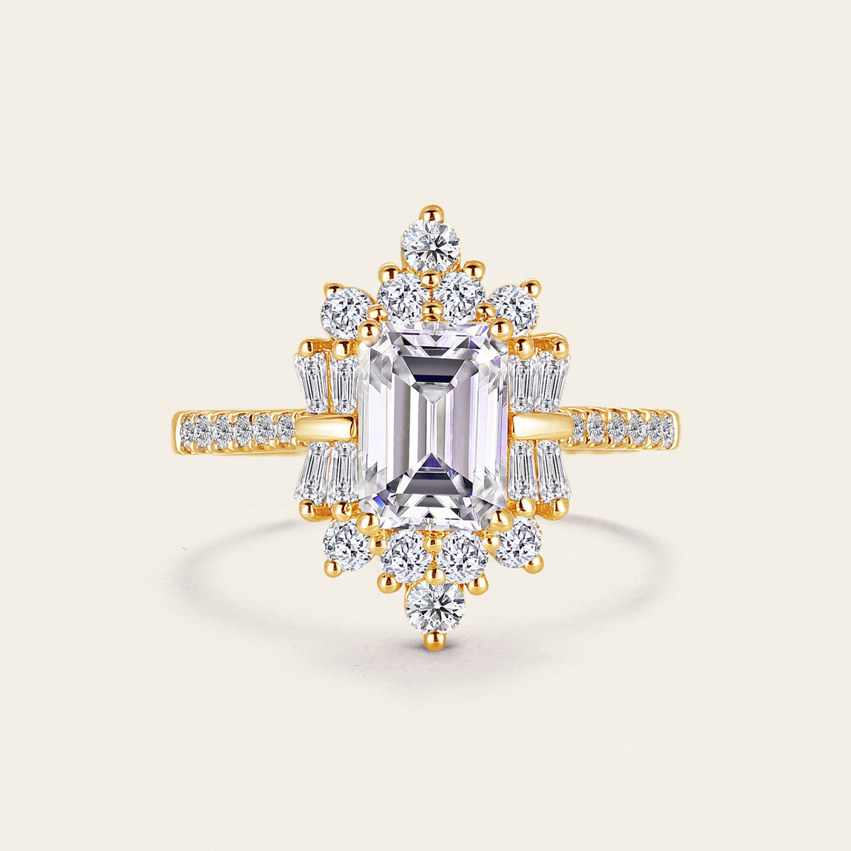 Art Deco Emerald Cut Moissanite Cluster & Pave Engagement Ring Rose Gold