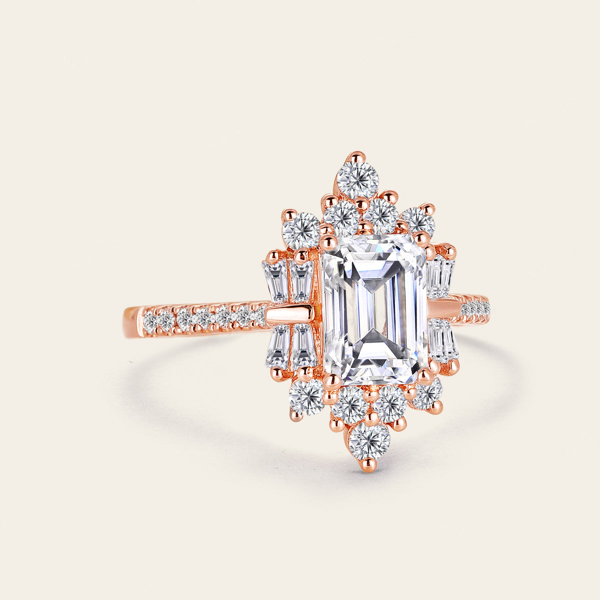 Art Deco Emerald Cut Moissanite Cluster & Pave Engagement Ring Rose Gold