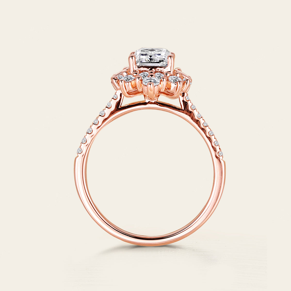 Art Deco Emerald Cut Moissanite Cluster & Pave Engagement Ring Rose Gold