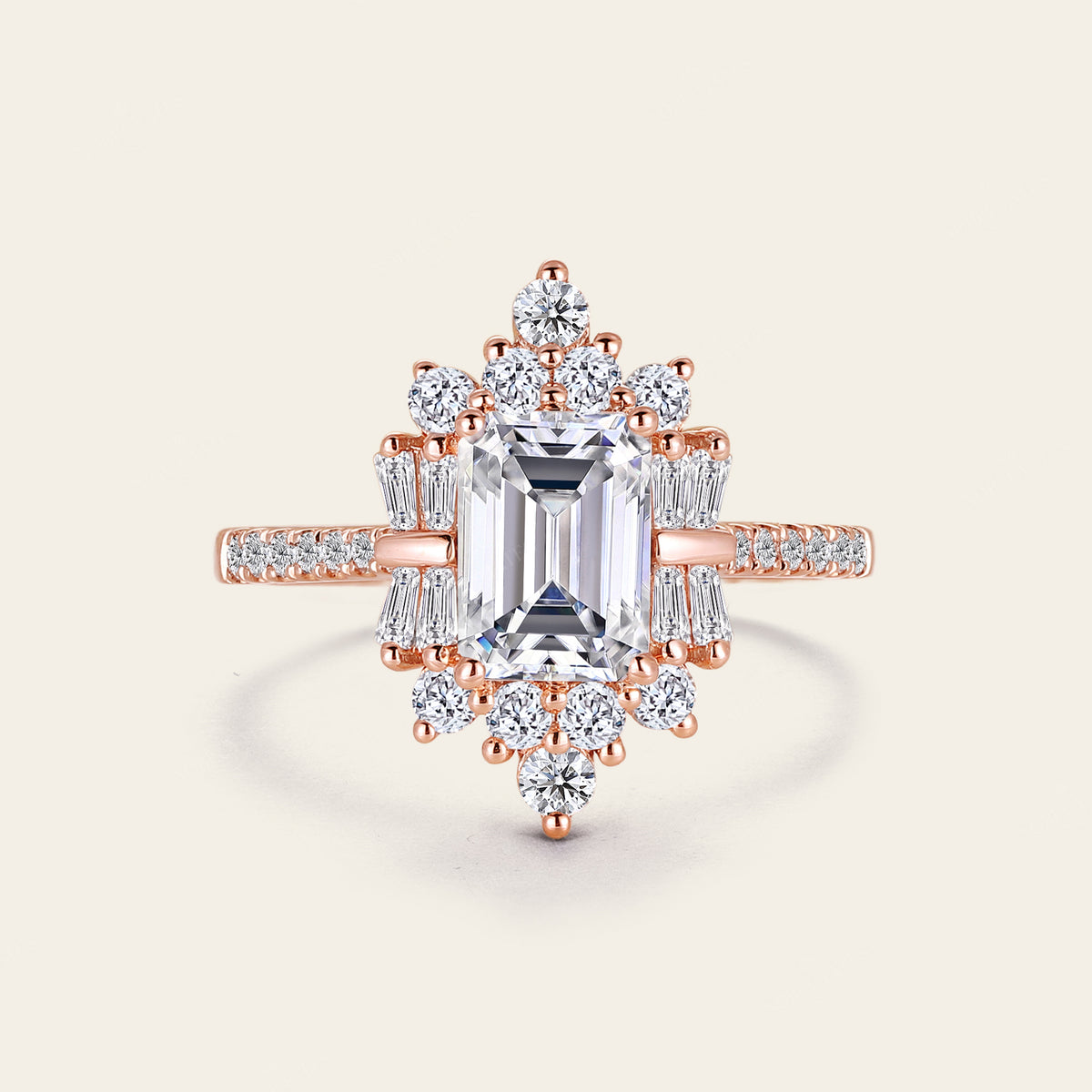 Art Deco Emerald Cut Moissanite Cluster & Pave Engagement Ring Rose Gold