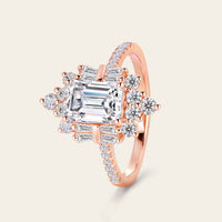 Art Deco Emerald Cut Moissanite Cluster & Pave Engagement Ring Rose Gold