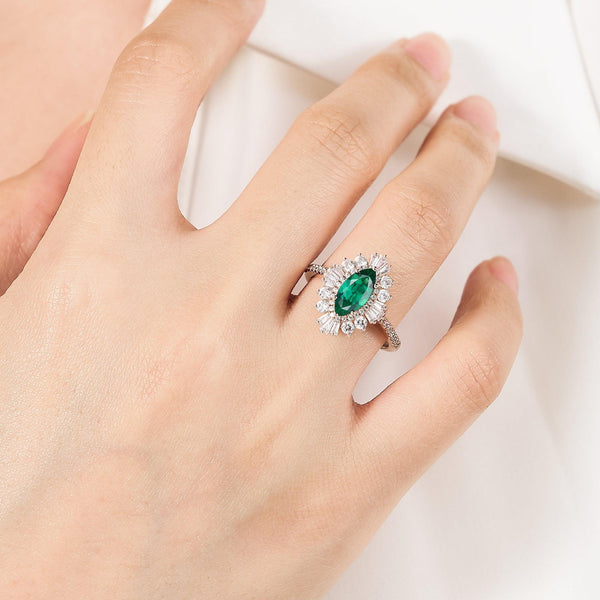 Art deco Marquise Lab Emerald Halo Engagement Ring