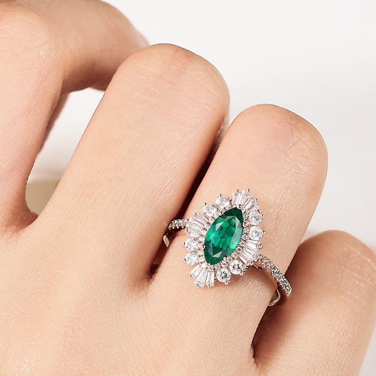 Art deco Marquise Lab Emerald Halo Engagement Ring