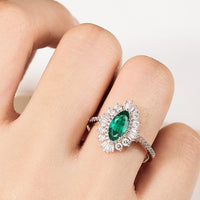 Art deco Marquise Lab Emerald Halo Engagement Ring
