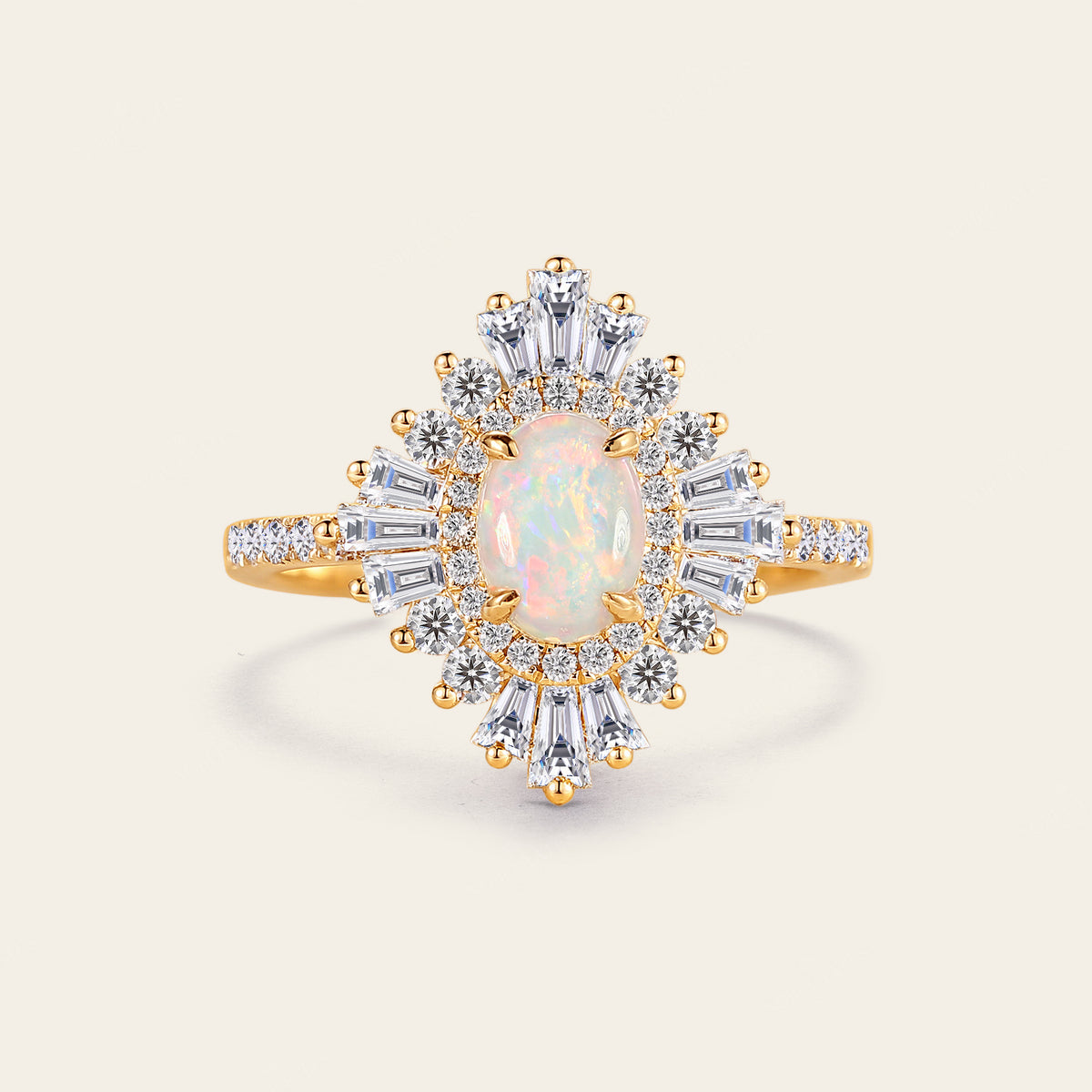 Art deco Oval White Opal Halo Pave Engagement Ring Rose Gold