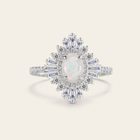 Art deco Oval White Opal Halo Pave Engagement Ring Rose Gold