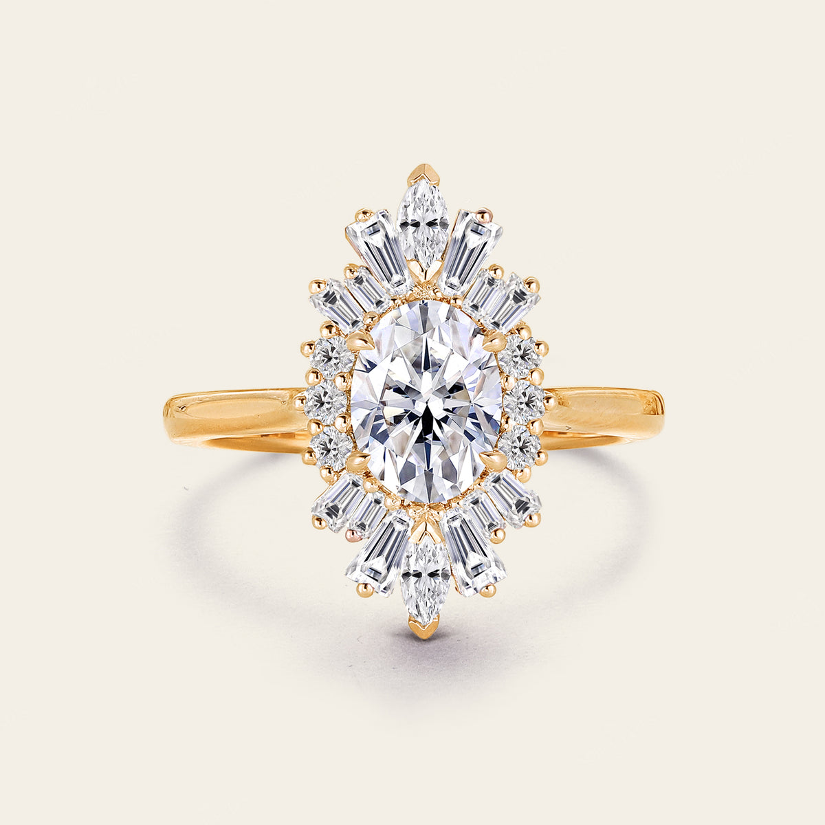 Oval Moissanite Engagement Ring Art Deco Rose Gold Halo