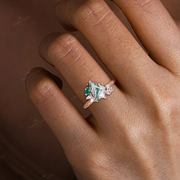 Moss Agate & Lab Emerald Cluster Engagement Ring Yellow Gold