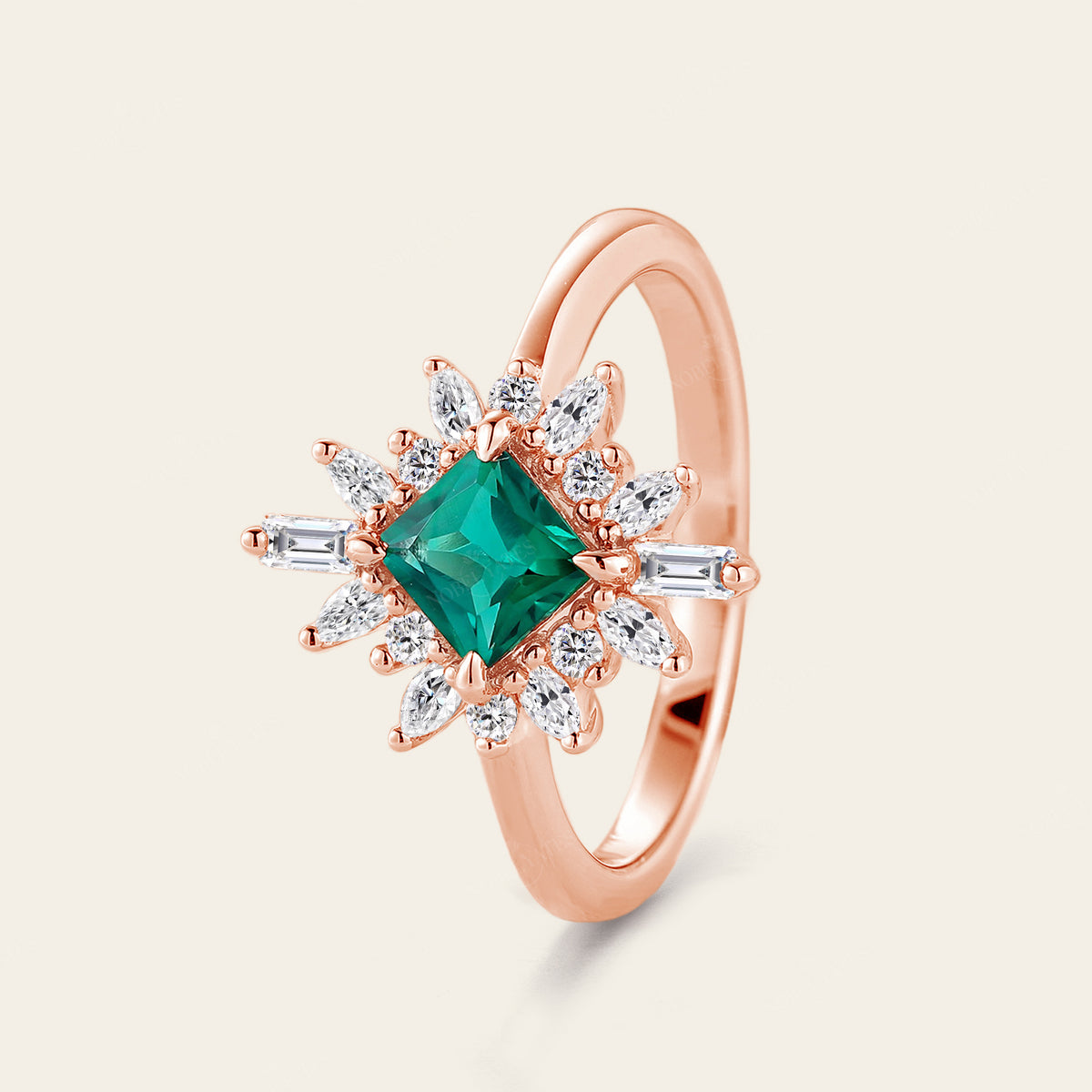 Princess Lab Emerald Art Deco Engagement Ring Prong Halo