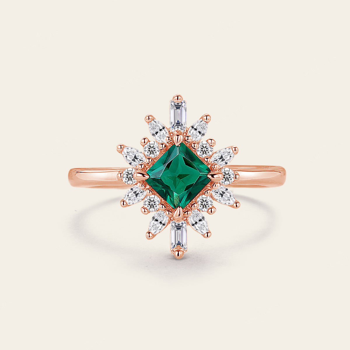Princess Lab Emerald Art Deco Engagement Ring Prong Halo