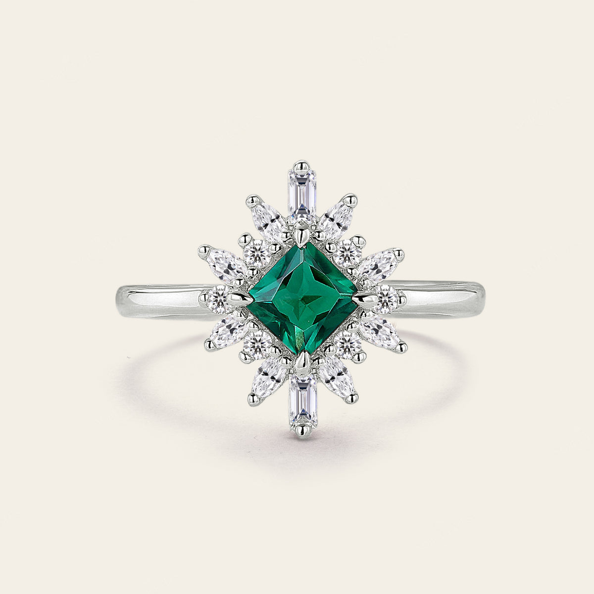 Princess Lab Emerald Art Deco Engagement Ring Prong Halo