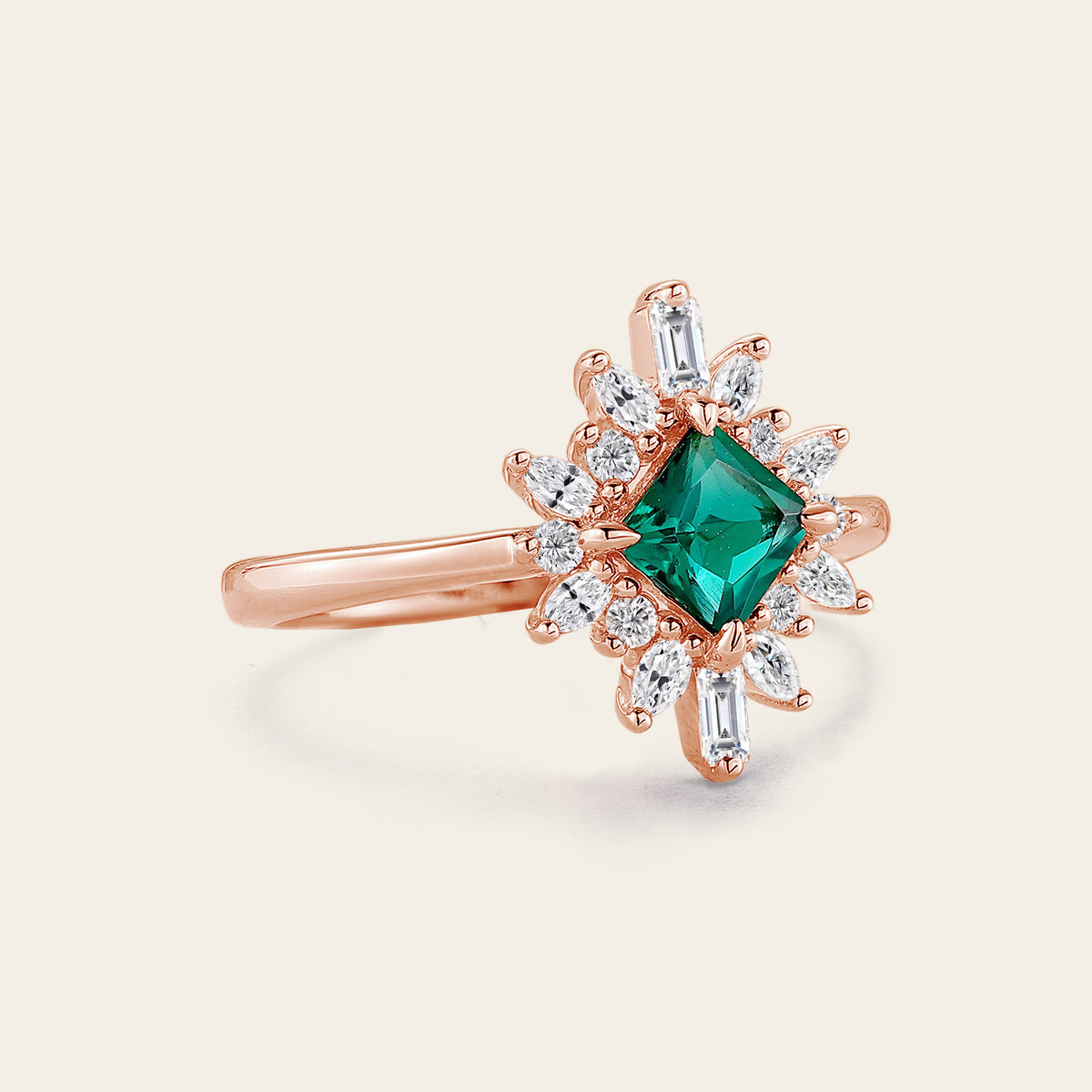 Princess Lab Emerald Art Deco Engagement Ring Prong Halo