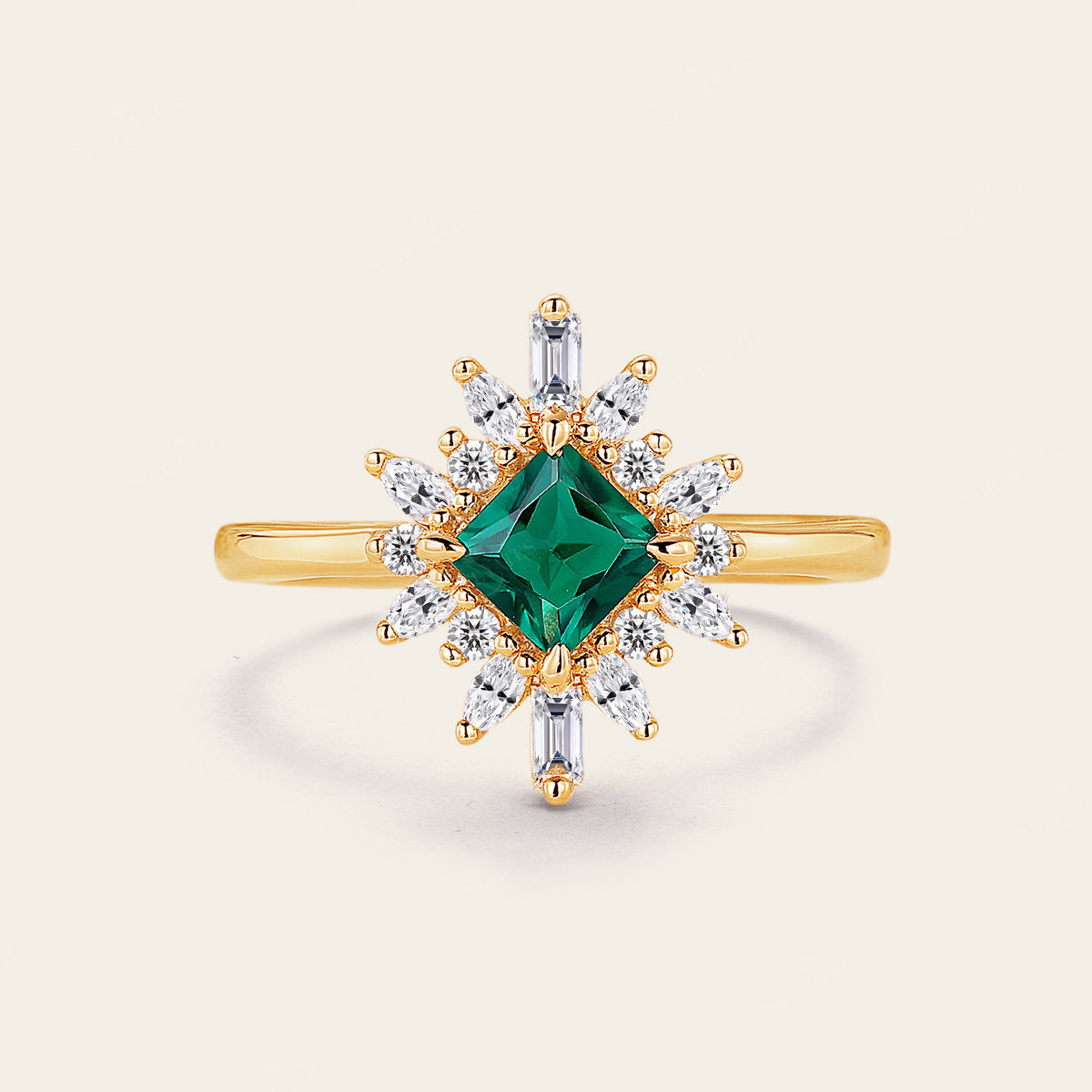 Princess Lab Emerald Art Deco Engagement Ring Prong Halo