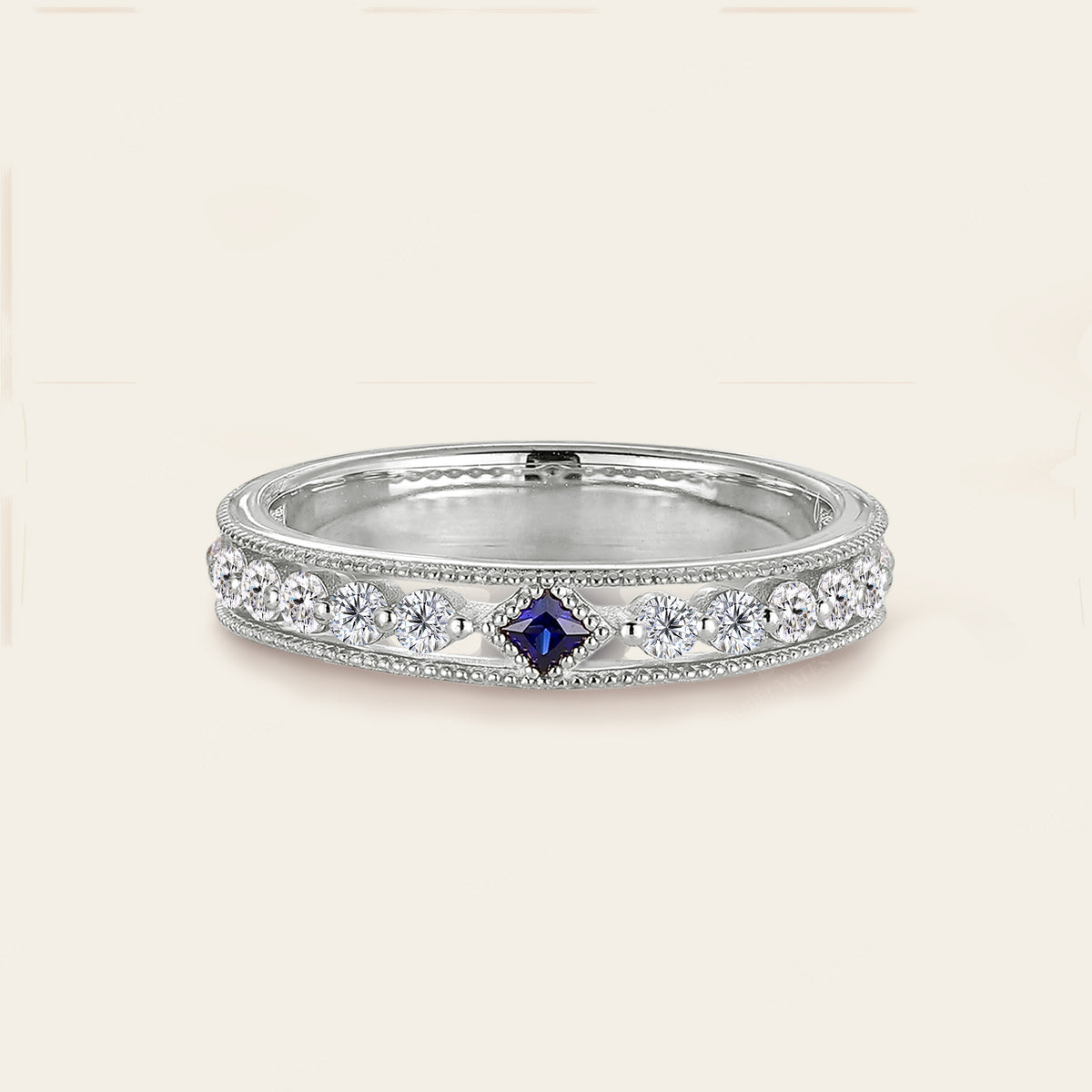 Princess cut Lab Sapphire Wedding Band His and Her Rose Gold Band