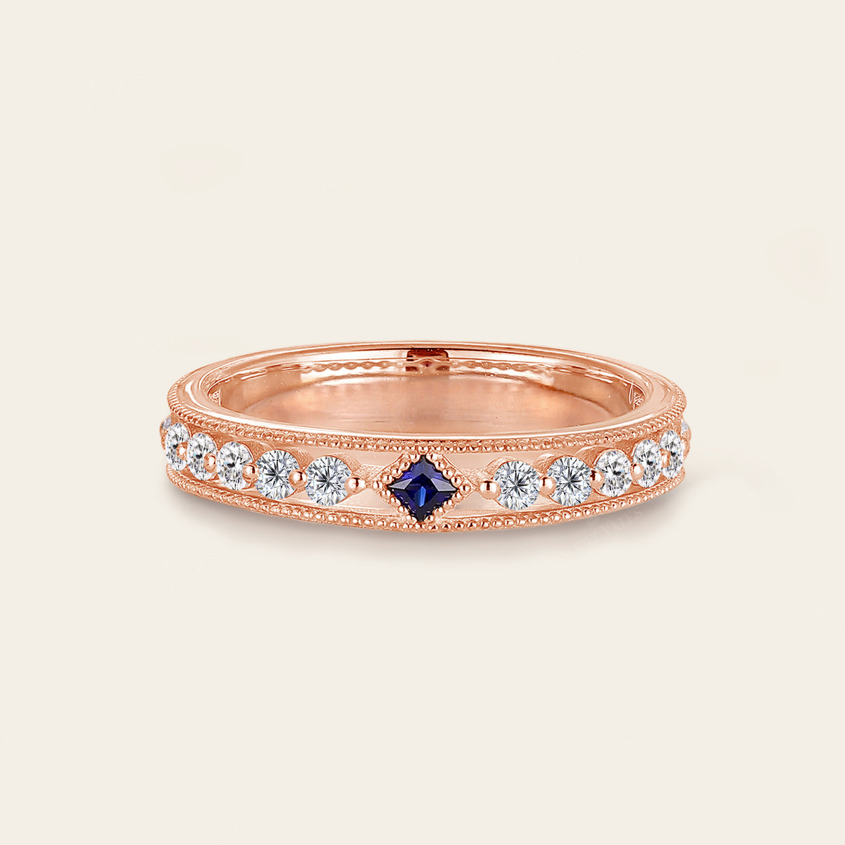 Princess cut Lab Sapphire Wedding Band His and Her Rose Gold Band