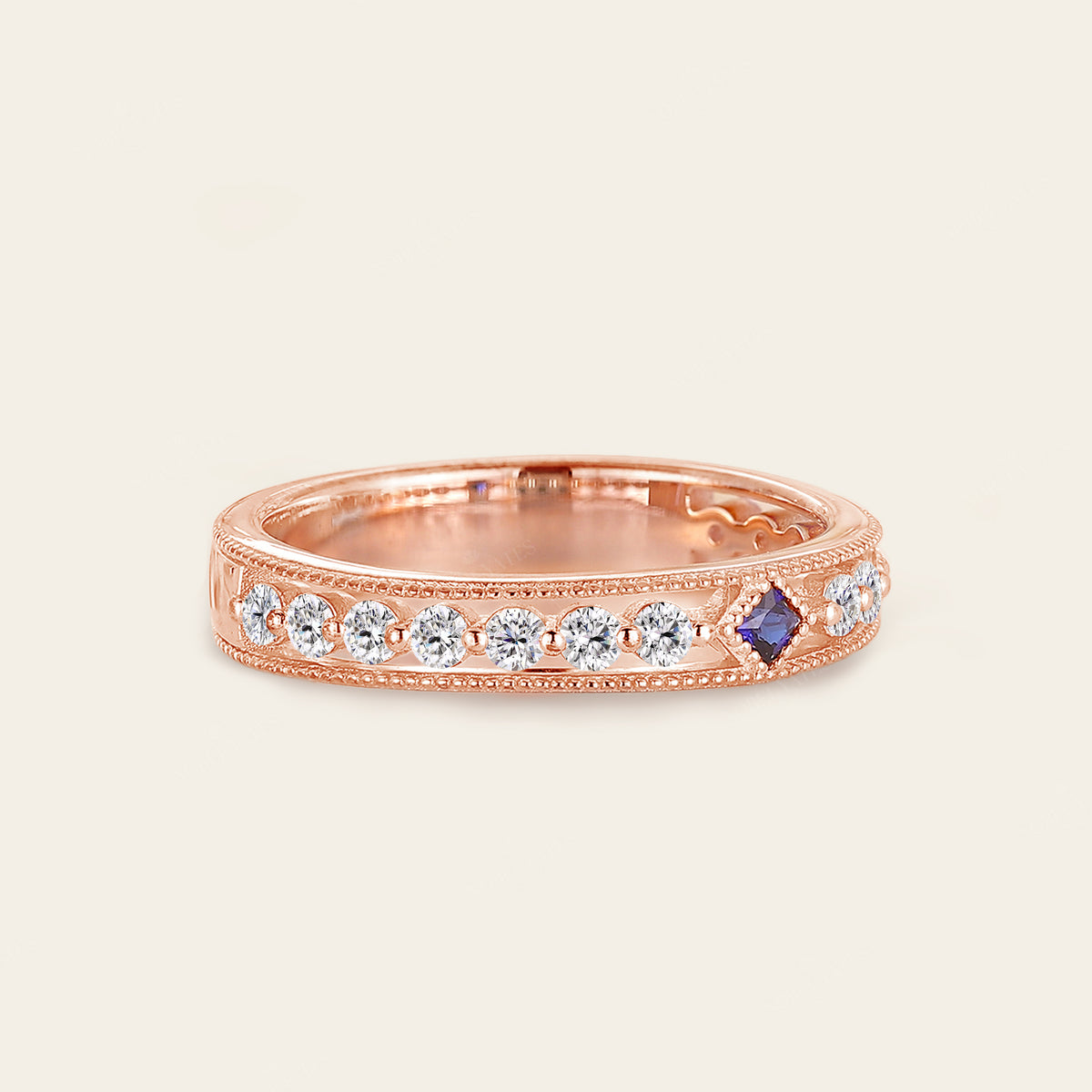 Princess cut Lab Sapphire Wedding Band His and Her Rose Gold Band