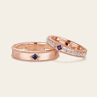 Princess cut Lab Sapphire Wedding Band His and Her Rose Gold Band