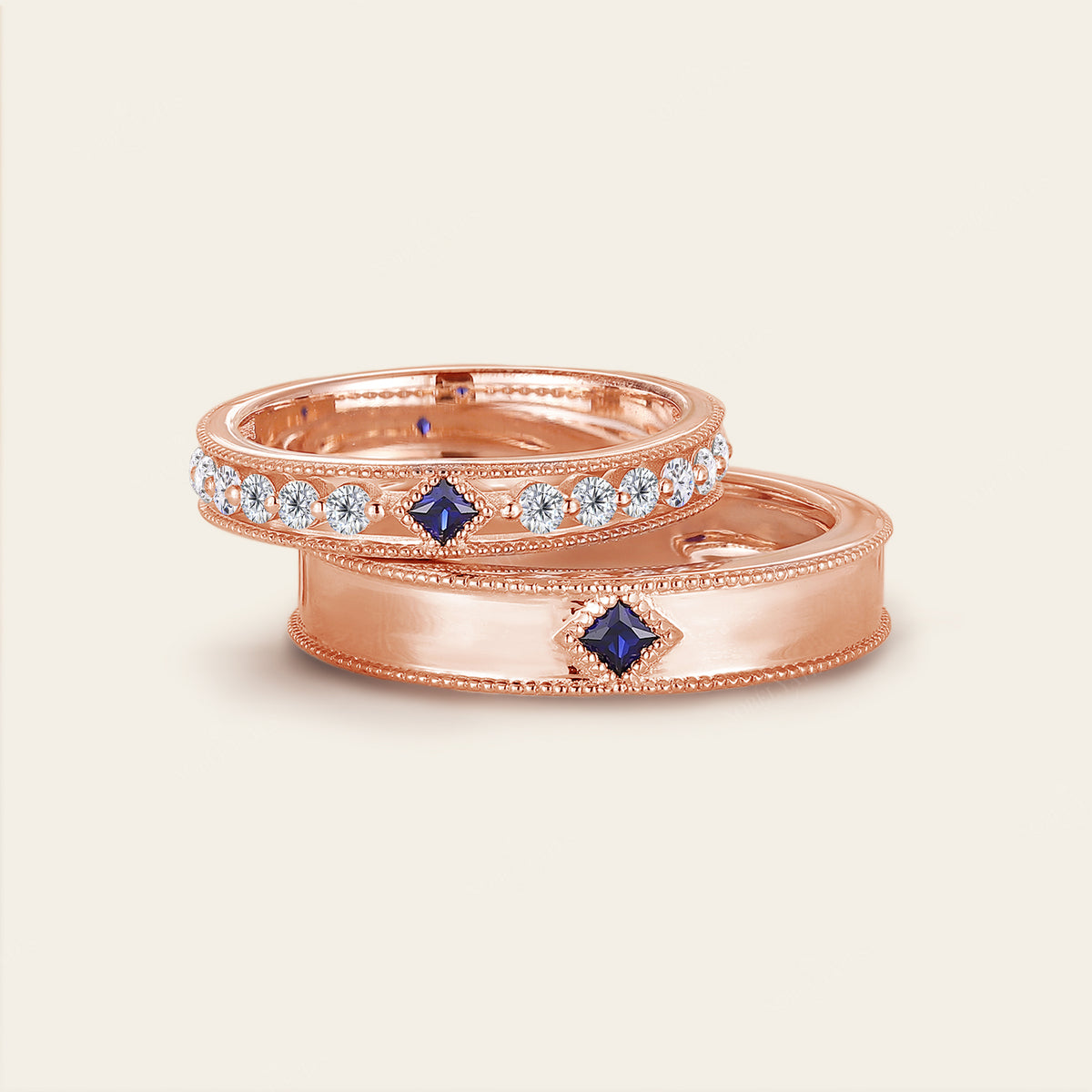 Princess cut Lab Sapphire Wedding Band His and Her Rose Gold Band