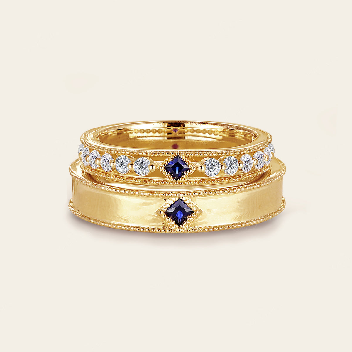 Princess cut Lab Sapphire Wedding Band His and Her Rose Gold Band